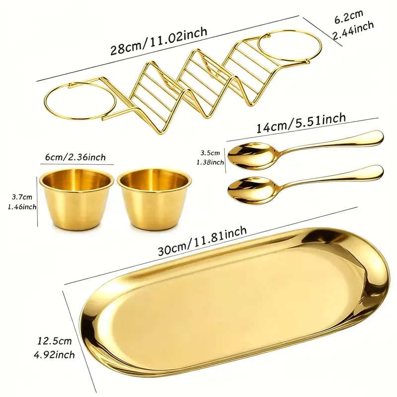 6-Piece Luxury Stainless Steel Burrito Serving Set – Polished mirror finish, complete with burrito holder, serving tray, and sauce cups. (Gold) — image 5