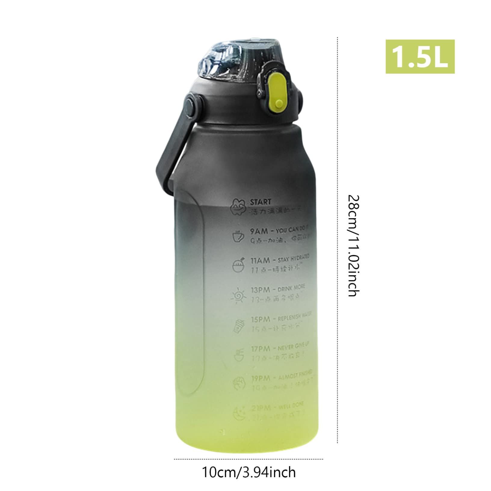 Free Sports Drink Bottle with Time Marking & Lock Cover, Leakproof Plastic Water Bottle for Camping Gym (Yellow Black, 1.5L) — image 2