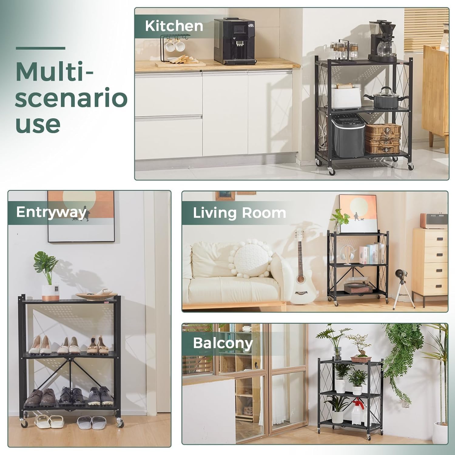 CARLA HOME 5-Tier Foldable Storage Shelf with Wheels for Kitchen, Garage, Pantry or Basement (Black) — image 2