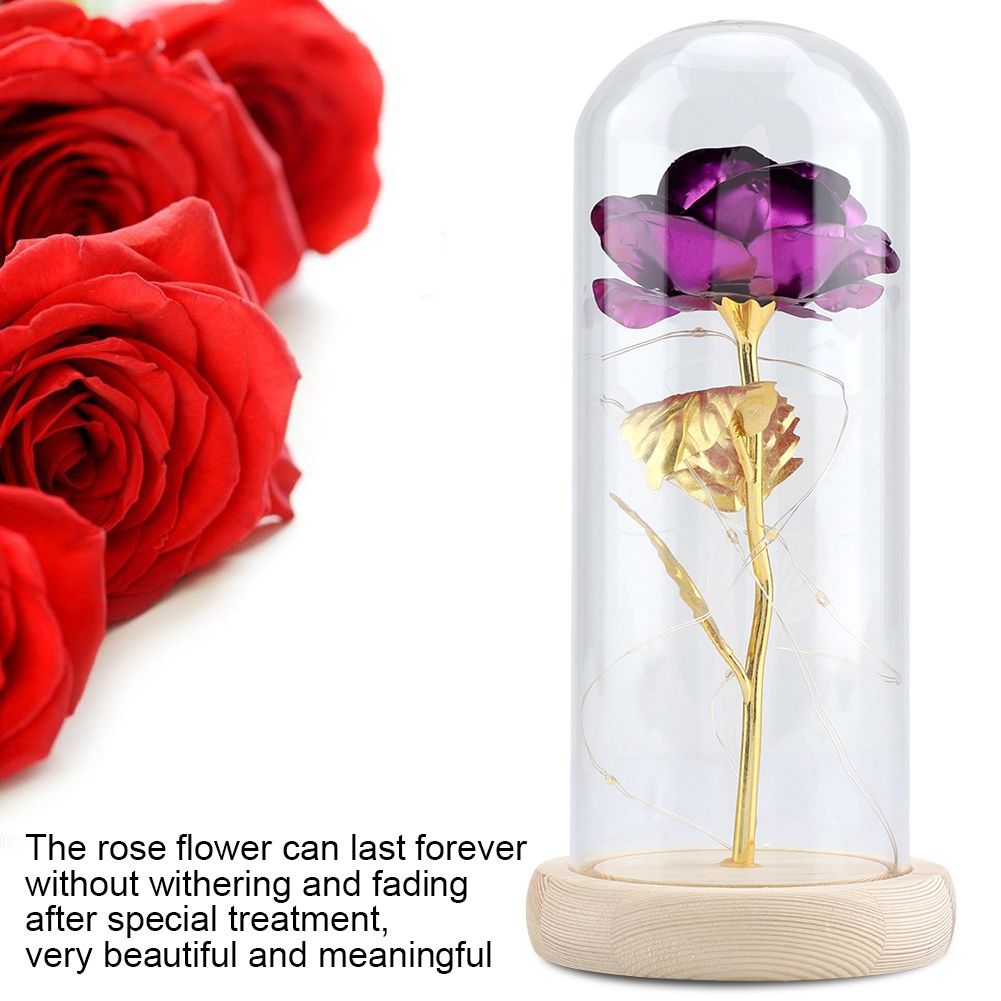 Preserved Rose Flower LED Light with Glass Cover Wooden Base Valentines'Day Wedding Purple โ image 4
