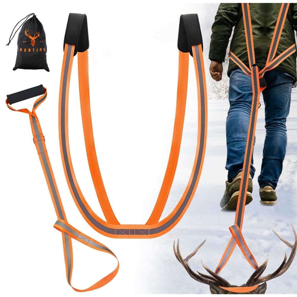 Deer Drag Harness & Rope β Heavy Duty 480lbs Capacity, Reflective Orange Hunting Gear with Comfortable Shoulder Strap, Soft Handle β Essential for Dragging