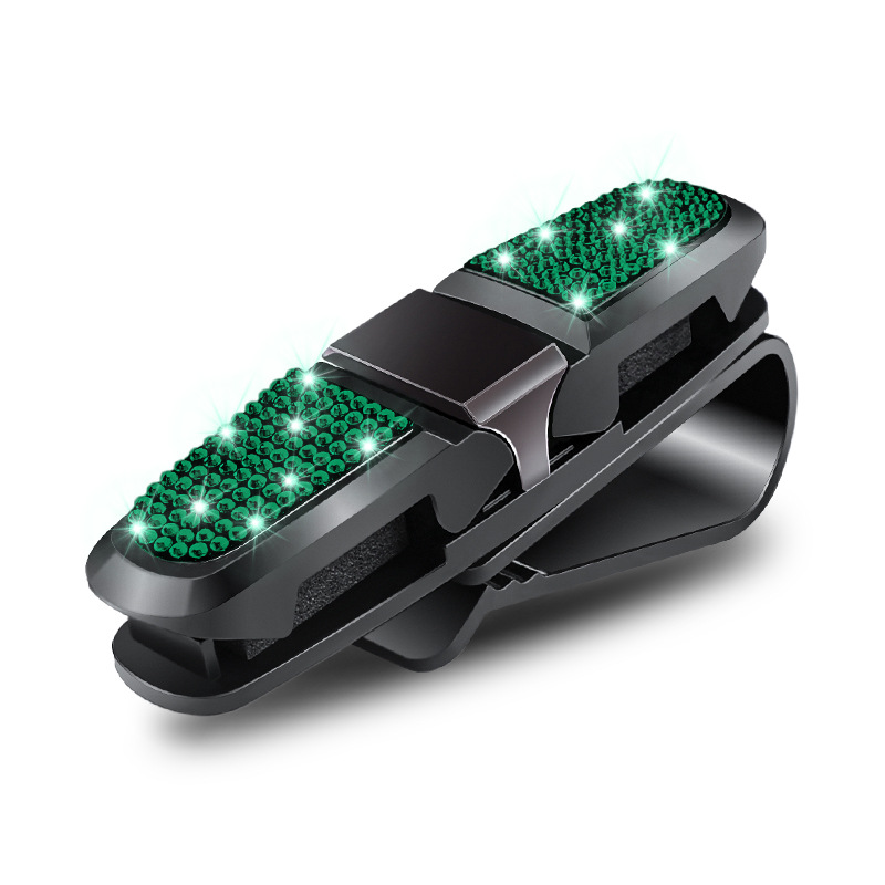 6 Pcs Green Luxury Rhinestone Car Sun Visor Glasses Clip - Multi-Functional, 180° Rotatable, ABS Material