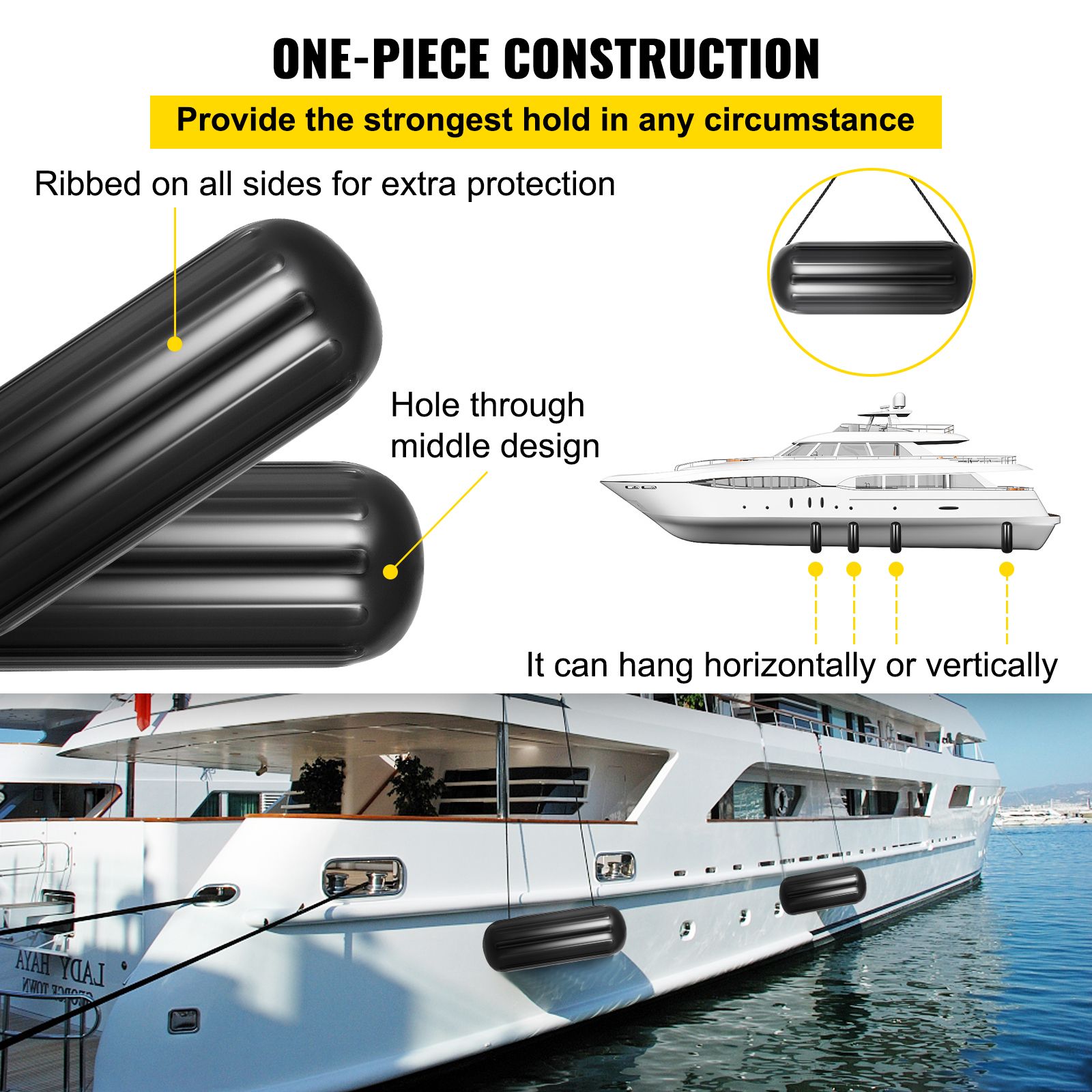 Boat Fenders, 10" x 28" Ribbed Fender, 4 Pack Boat Bumpers, Hole Through Middle Ribbed Inflatable Boat Fender with 4 Ropes, for Pontoon Boat Sailboat, Ski โ image 4