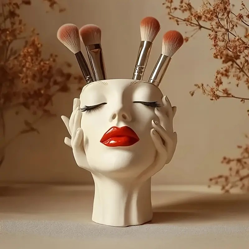 Lip's Whisper, Light's Embrace" — Sculptural Resin Vanity Brush Holder with Red Accent.1 Piece Elegant Resin Makeup Brush Holder with Red Lips Design — image 5