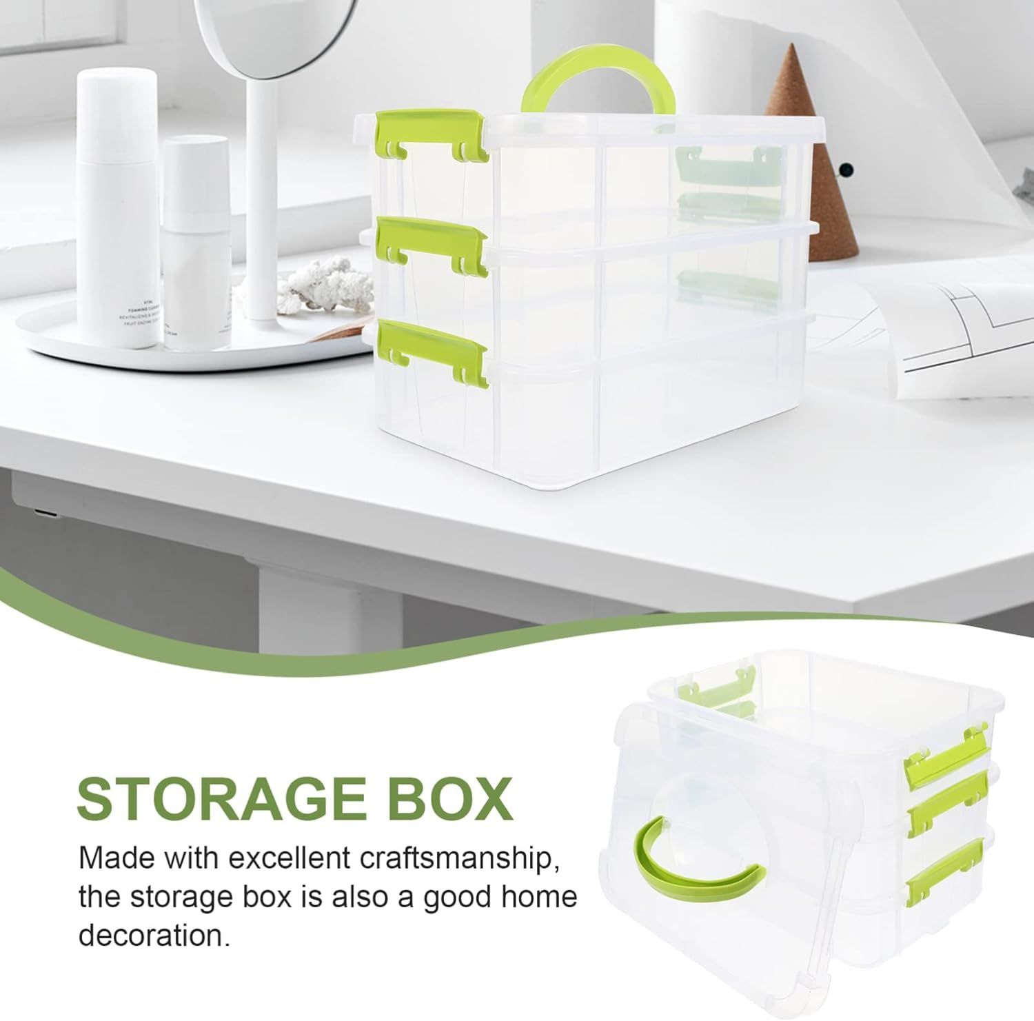 3-Tiers Stack Carry Storage Box Transparent Stackable Storage Bin Craft Storage Containers Organizer with Handle Lid — image 4