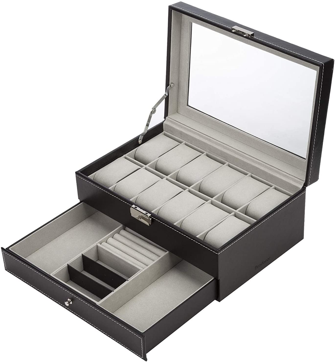 Black Leather Watch Box Jewelry Display Case with Drawers (12 Slots with 2 Layers) โ image 5