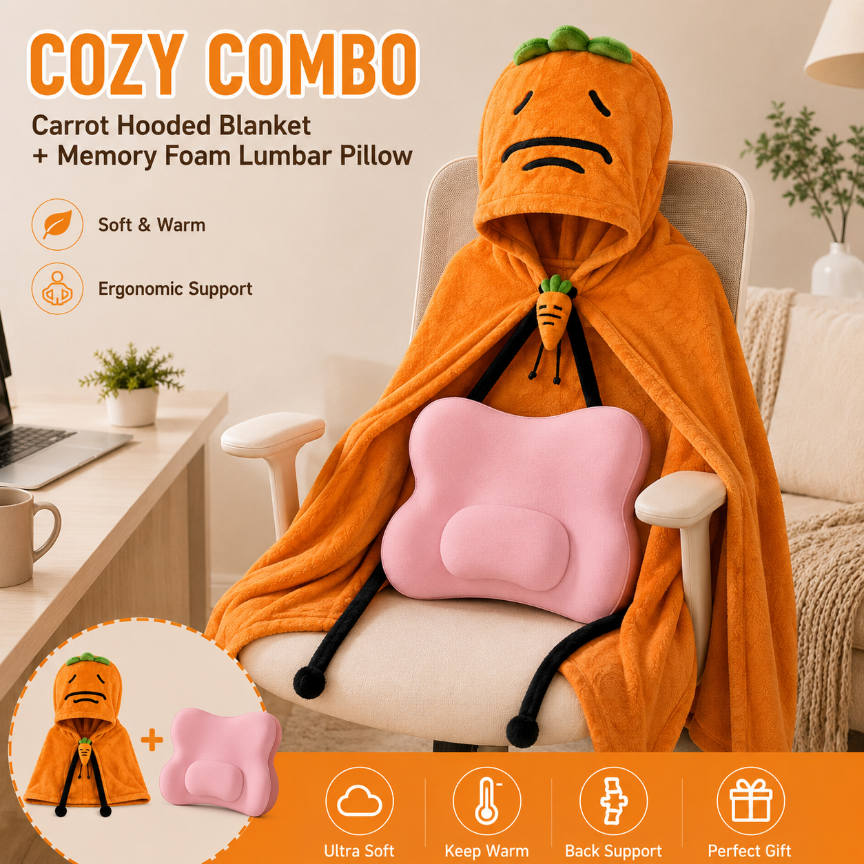 Carrot Hooded Blanket with Sakura Pink Memory Foam Lumbar Support Pillow, Cozy Wearable Throw Blanket and Ergonomic Back Cushion Set for Office, Home, Study