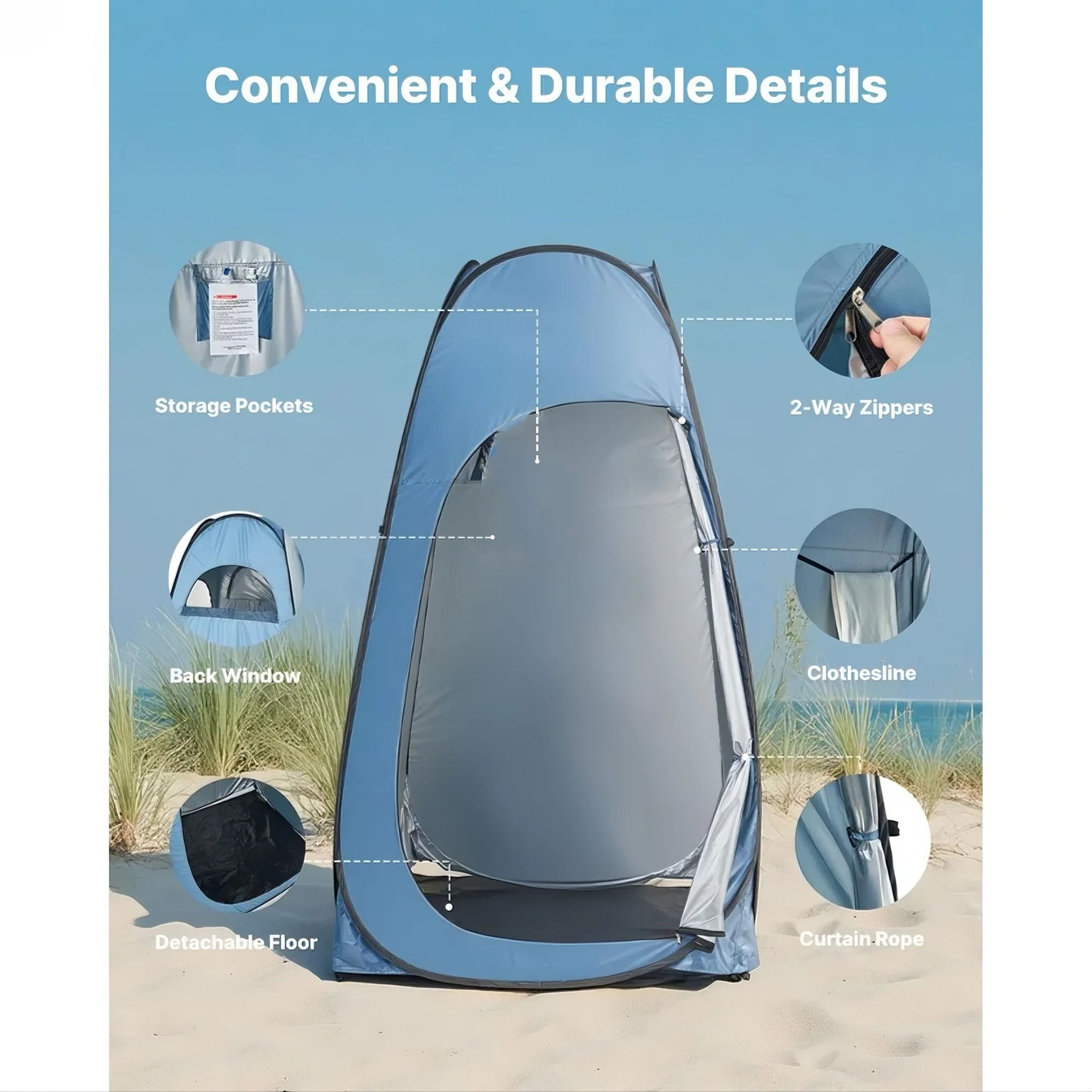 Pop up Shower Tent, Instant Portable Privacy Tent Changing Room with Hanging Bag, Ground Stakes, Ropes, Carry Bag, 190T Polyester with Silver โ image 5