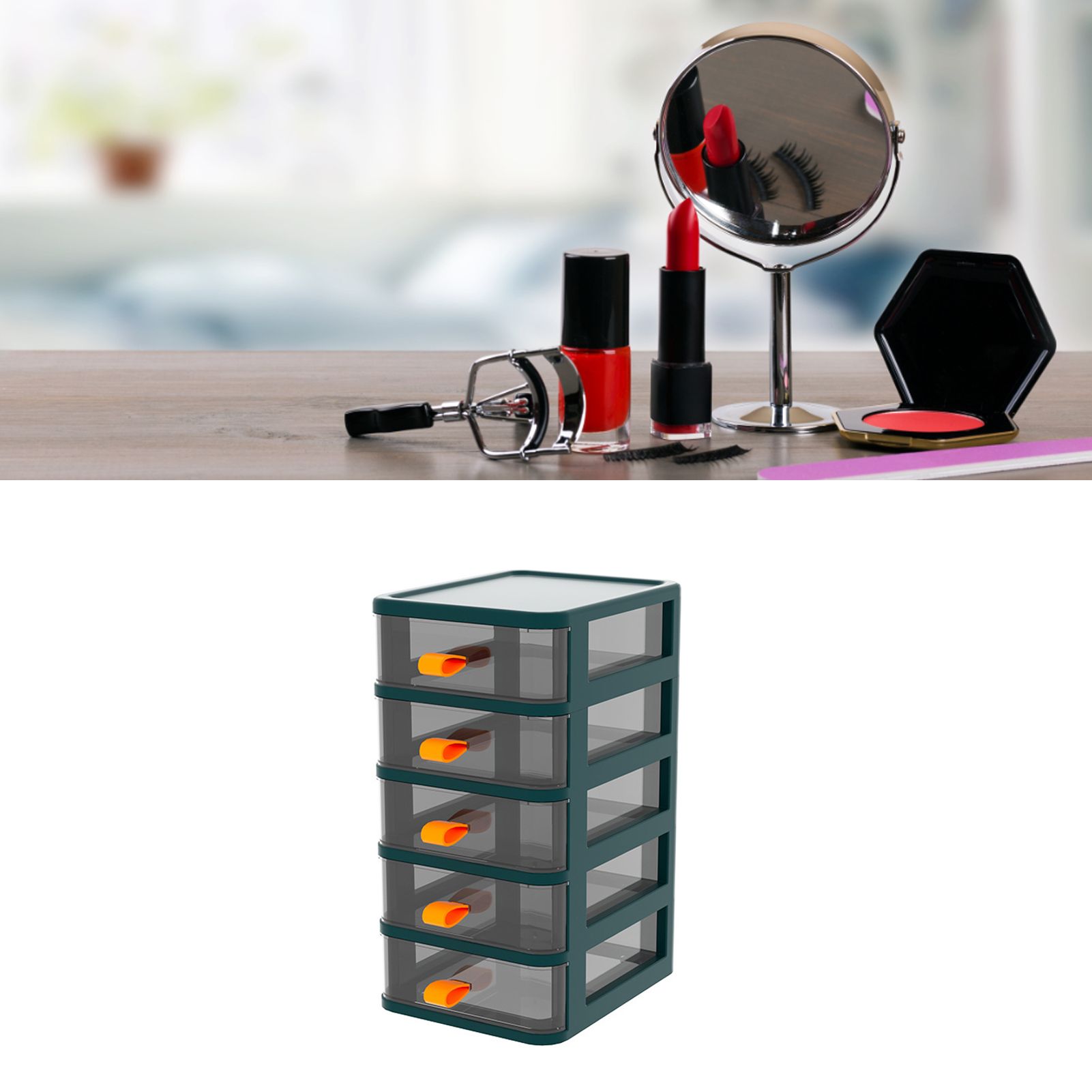 Drawer Type Desktop Storage Box Transparent Desktop Stationery Organizer with Orange Handle 5 Layer Green 13.4x17x28cm โ image 6