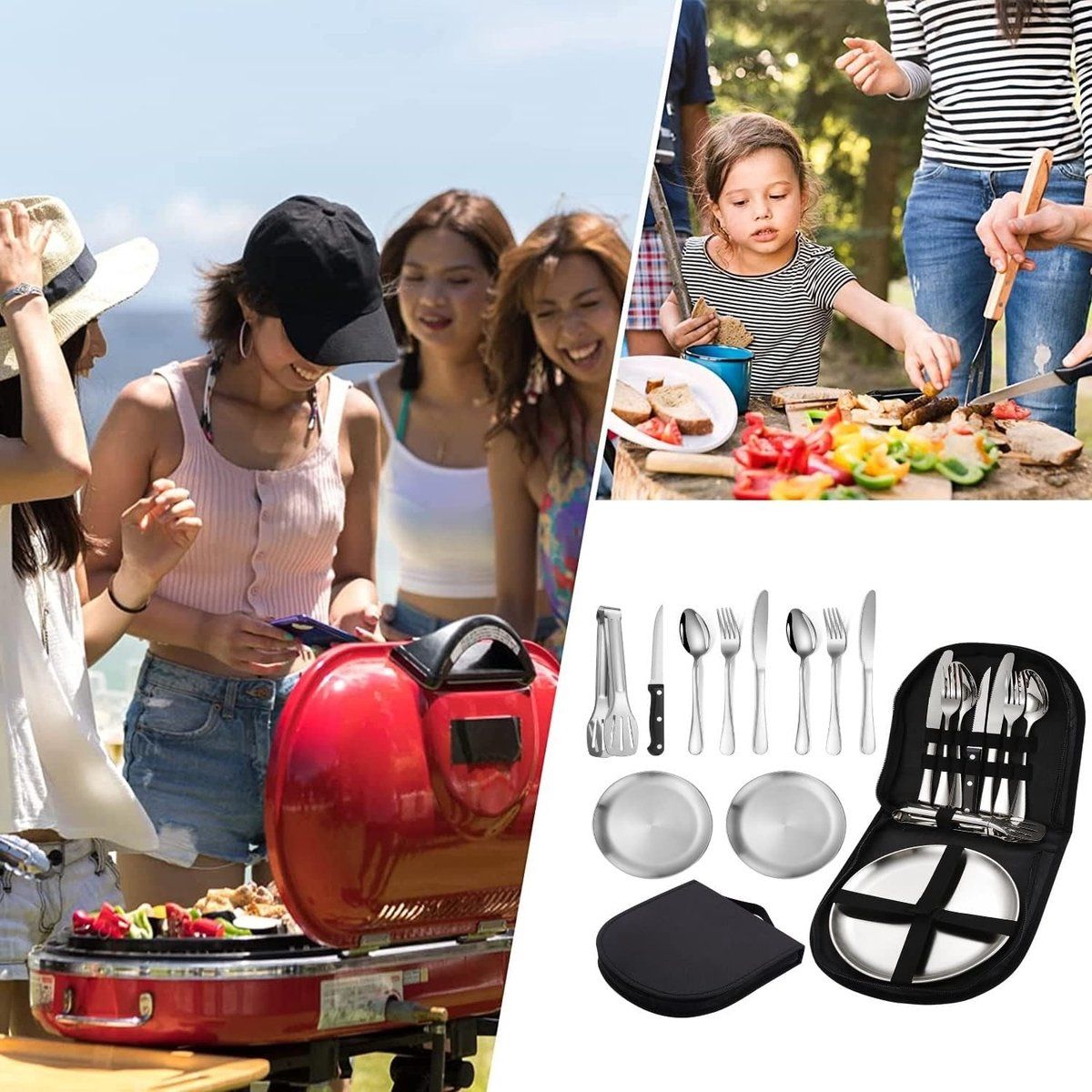 10 Pieces Stainless Steel Camping Cutlery Set with Forks, Spoons, Knives, Plates, Clip and Storage Bag for Outdoor Travel, Hiking and Picnics — image 3
