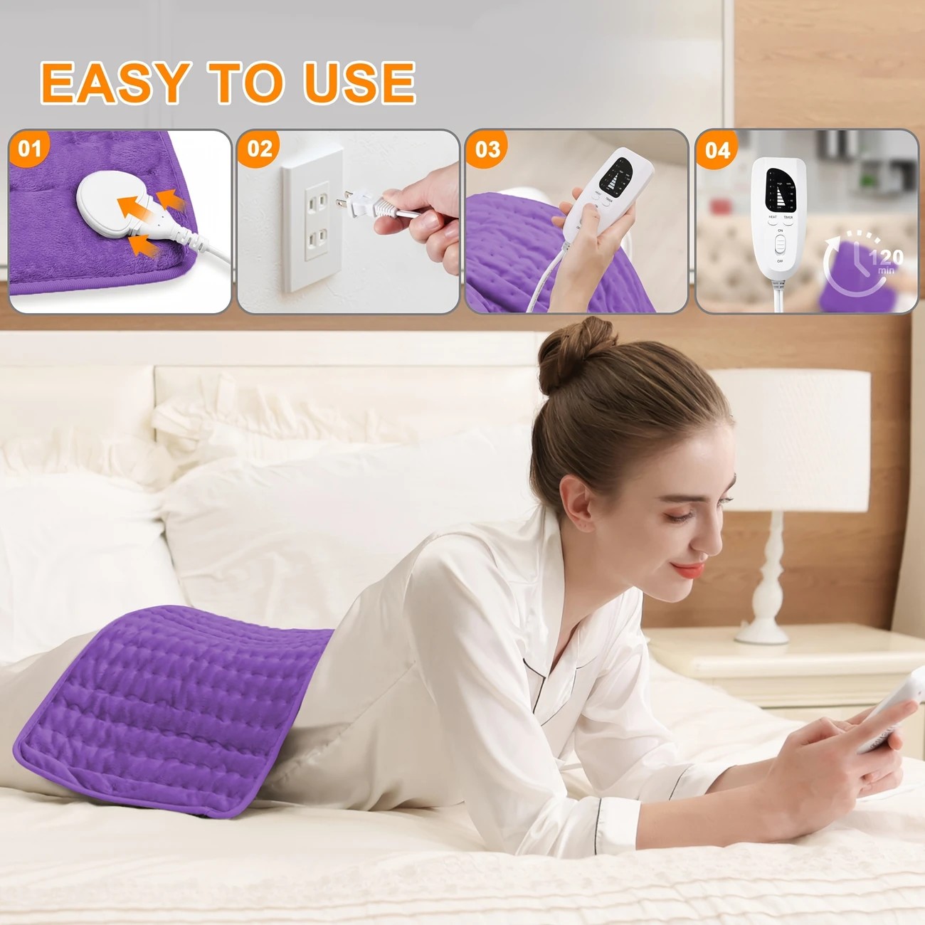 purple This large heating pad (24" x 12") features 6 temperature levels and 4 timer settings, with rapid heating and auto-off functions. It is portable — image 5