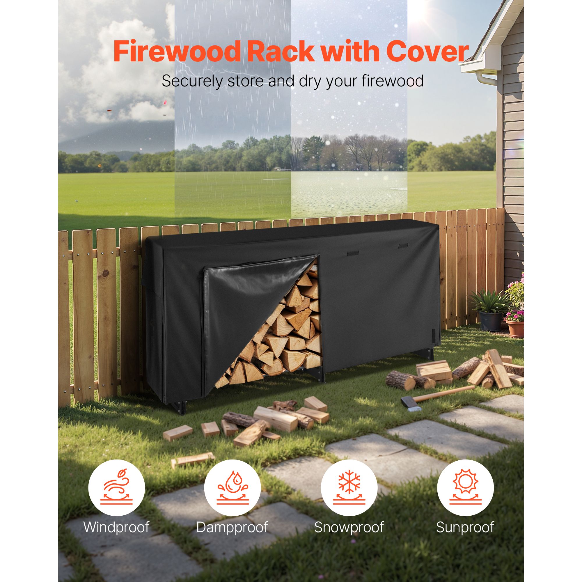 Firewood Rack with Waterproof Cover, 2.57m Outdoor Firewood Holder, 1/2 Cord Storage Metal Log Holder, 299kg Max Weight Capacity, Top Covered, Powder-Coated โ image 2