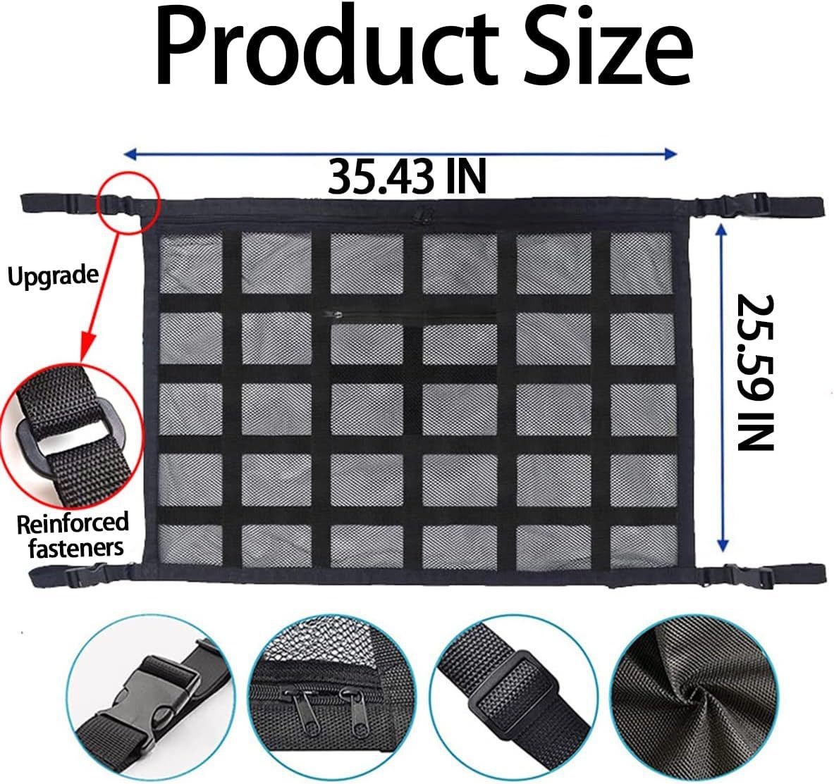 Car Ceiling Cargo Net Pocket, Strengthen Load-Bearing and Droop Less Mesh Organizer, Double-Layer Adjustable Buckle Roof — image 5