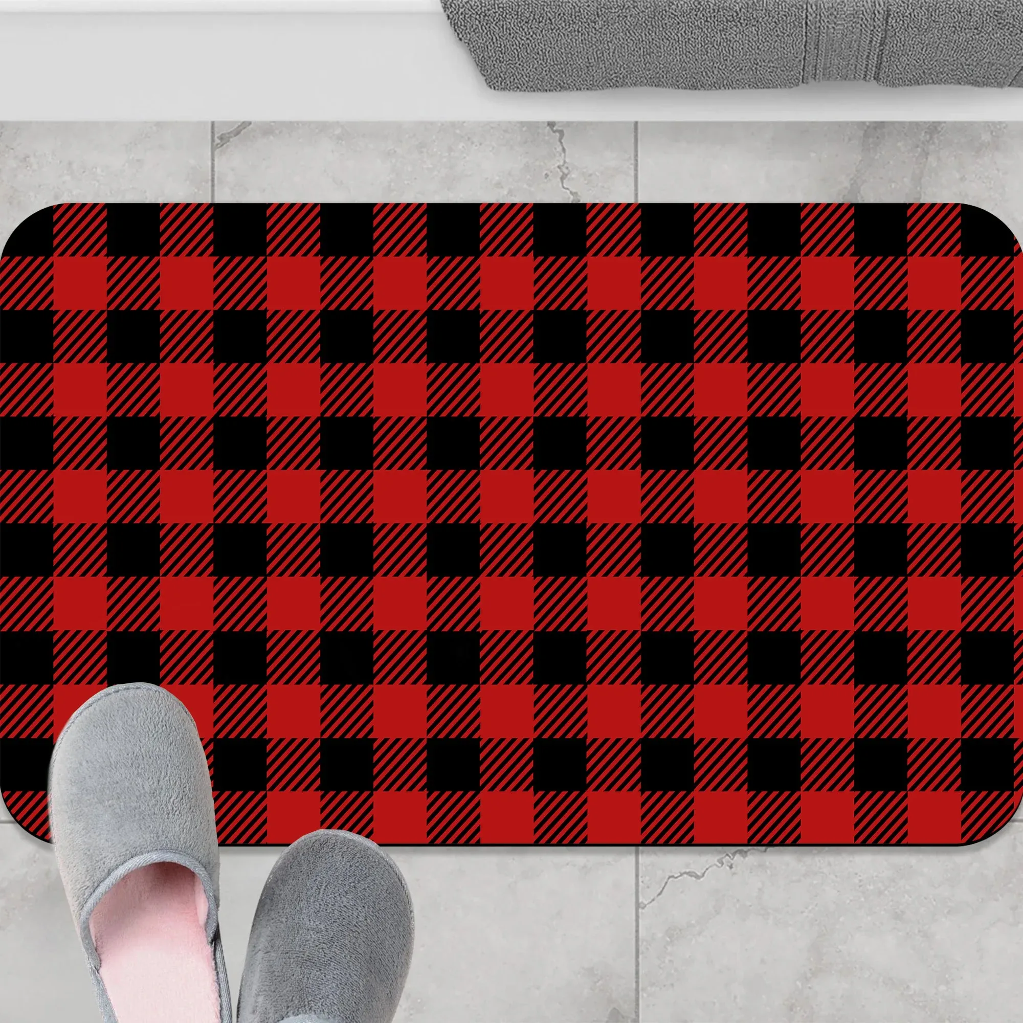 1 Piece Buffalo Plaid Bathroom Rug, Non-Slip Quick Dry Bath Mat for Tub, Shower, Floor and Indoor Outdoor Use, Red and Black — image 5