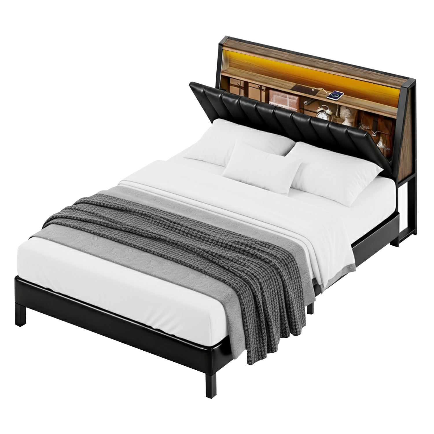 Artiss Queen Bed Frame LED Storage Headboard with Charging Station Black — image 2