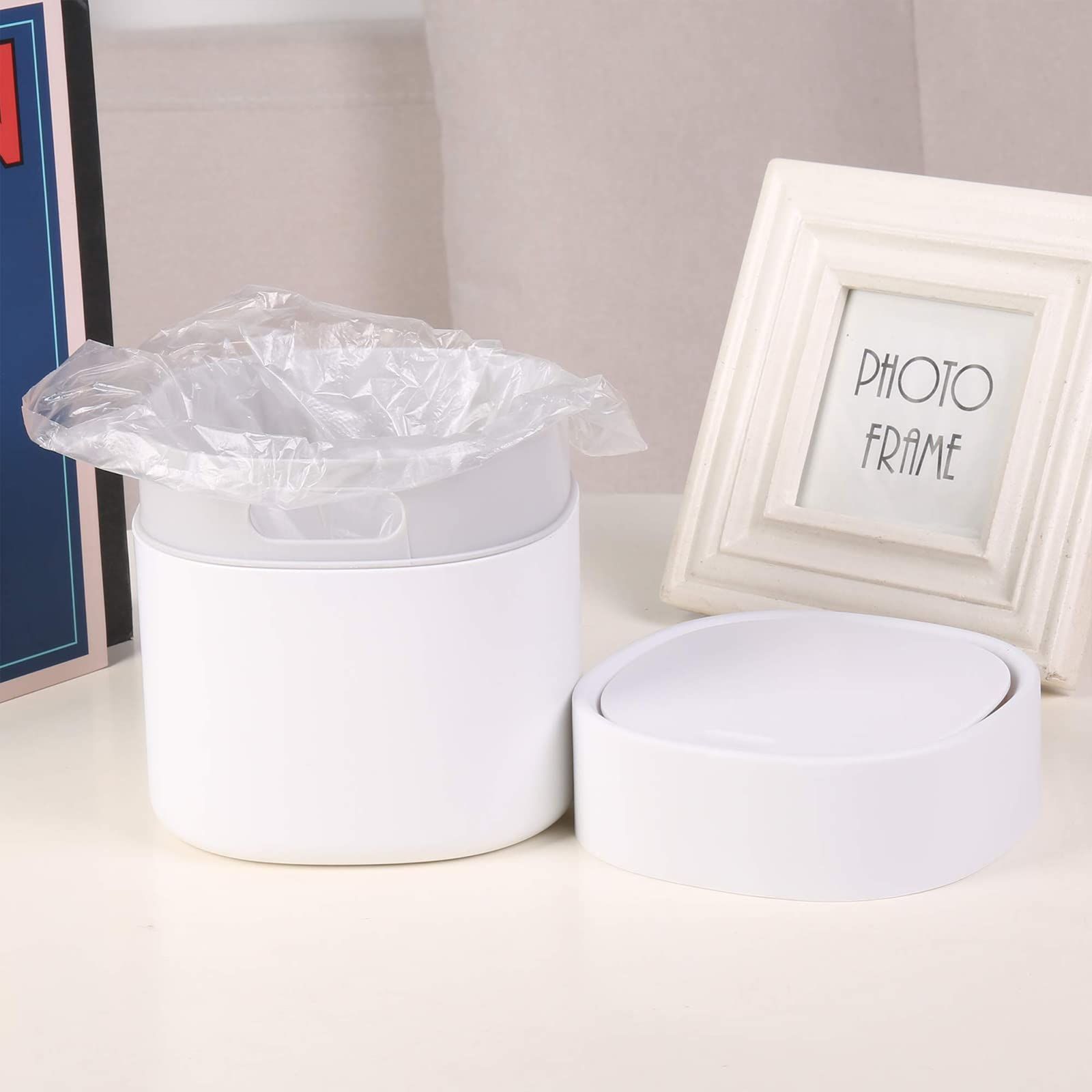 Mini Trash Can with Lid Desk Small Trash Can for Bathroom Vanity, Desktop, Tabletop or Coffee Table (Square Press - White) — image 3