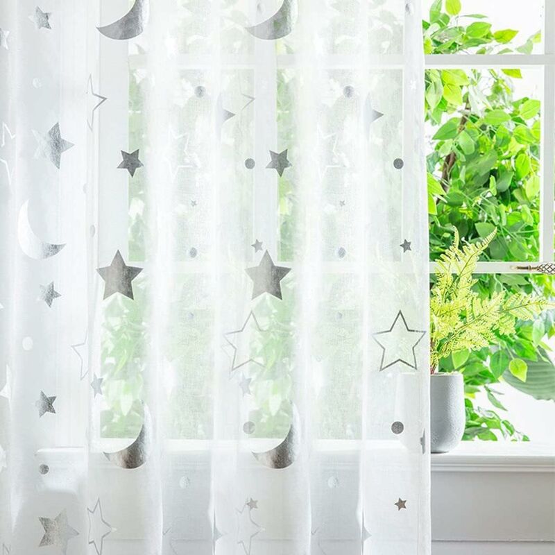 1M Long Semi Sheer Window Curtains For Girls ROom Bedroom Cute Moon And Stars Pattern Tulle Sheer Curtains 2 Panel 1M X — image 3