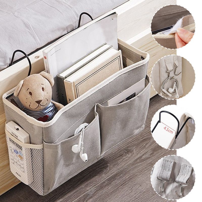 Bedside Caddy Storage Organizer with Metal Hooks, Multi-Pocket Linen Hanging Bed Caddy for Dorm Bunk Beds, Sofas—White — image 3