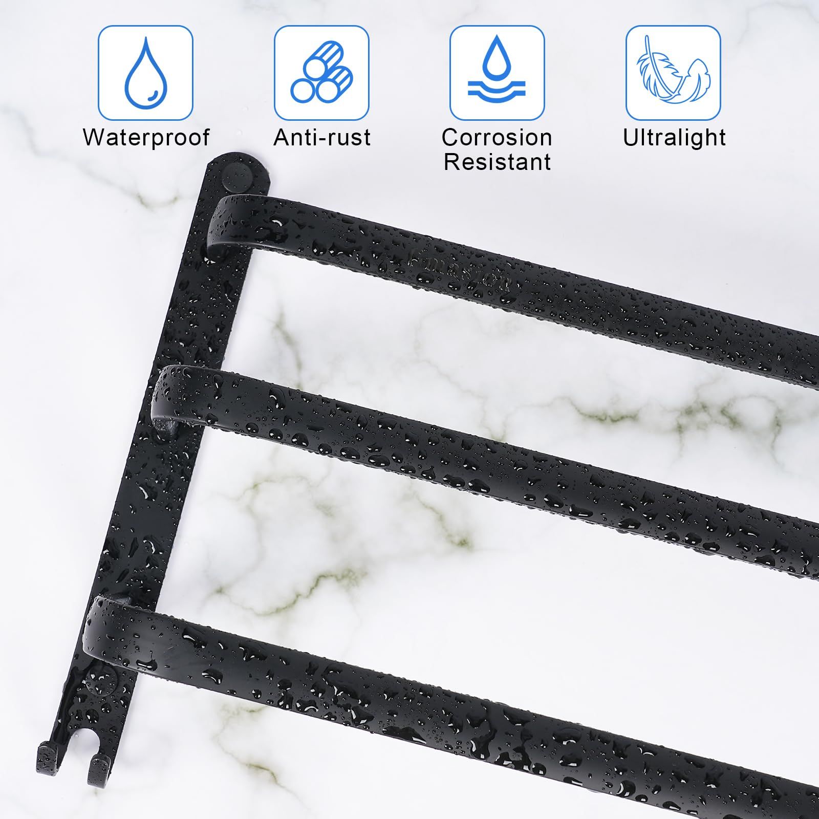 Towel Rack Wall Mounted for Bathroom, Aluminum 19in Bathroom 3 Tier Towel Bar with Hooks Black Waterproof Rust Bath Towel Rack — image 2