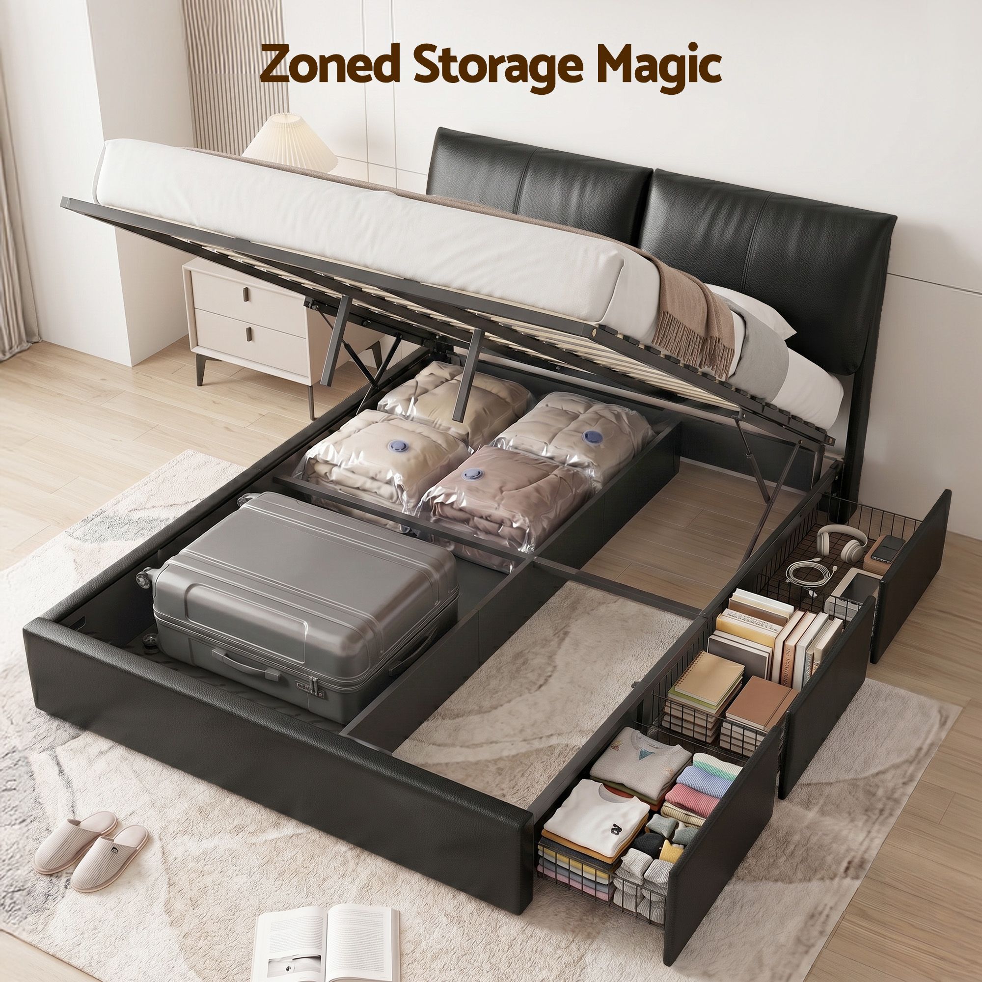 Artiss Queen Bed Frame Gas Lift Storage 3 Drawers Adjustable Headboard Platform Bed Black — image 4