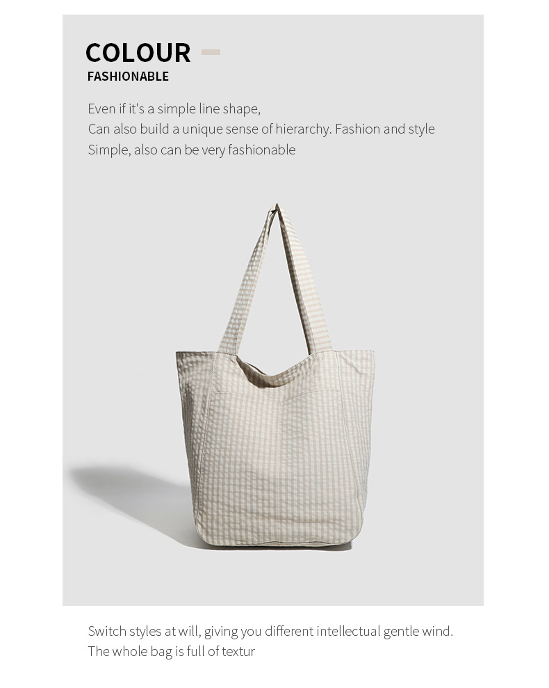 Beige Stylish Lightweight Seersucker Gingham Tote Bag - Spacious Multi-Pocket Shoulder Bag with Zipper — image 2
