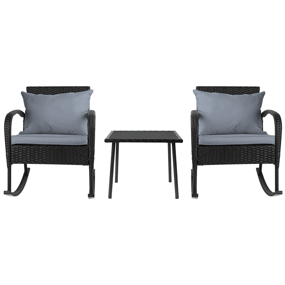 Gardeon 3PC Rocking Chair Table Wicker Outdoor Furniture Patio Bistro Set Black โ image 3