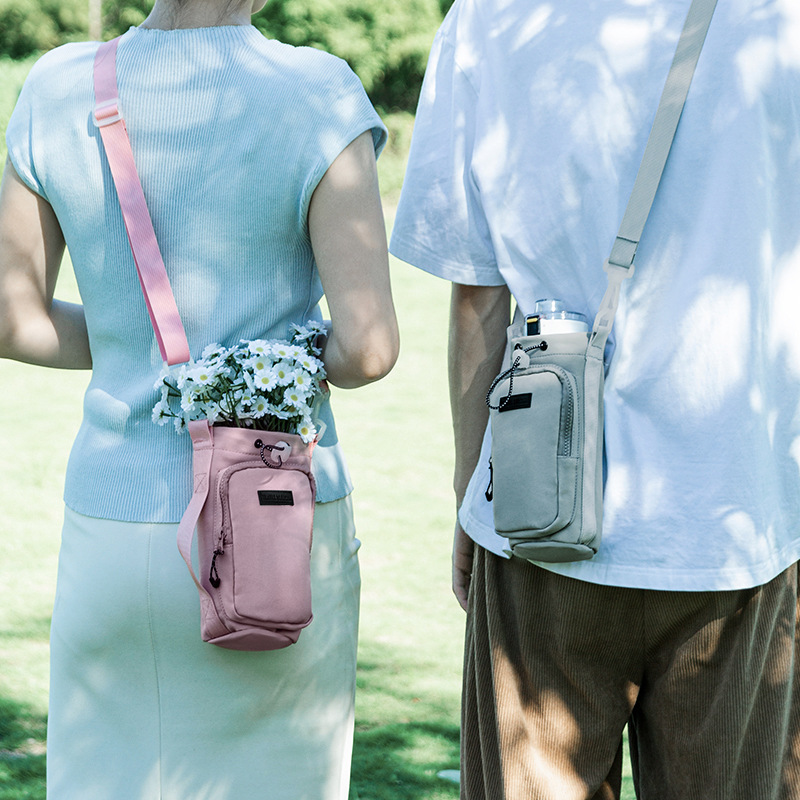 Pink Portable Outdoor Water Bottle Holder Bag with Adjustable Shoulder Strap, Nylon Waterproof Material, 121g Lightweight, 23cm Height for Travel and โ image 2