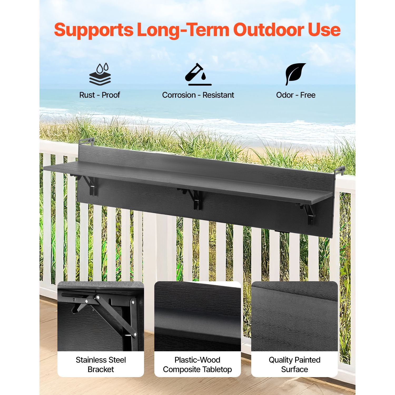 Balcony Hanging Table, 12 x 48 in Folding Balcony Railing Table, Outdoor Balcony Bar Table for Railings, 50 lbs Loading, Fit Railing from 1" to 4.3", Serving — image 2
