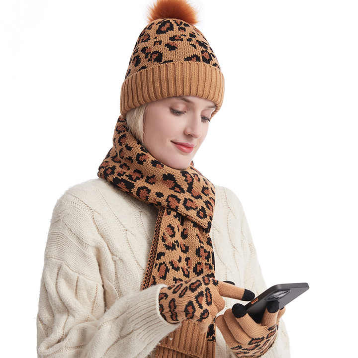 Light Grey Women's 3-Piece Winter Knit Set - Leopard Print Plush Lined Beanie Hat, Scarf & Touchscreen Gloves — image 5