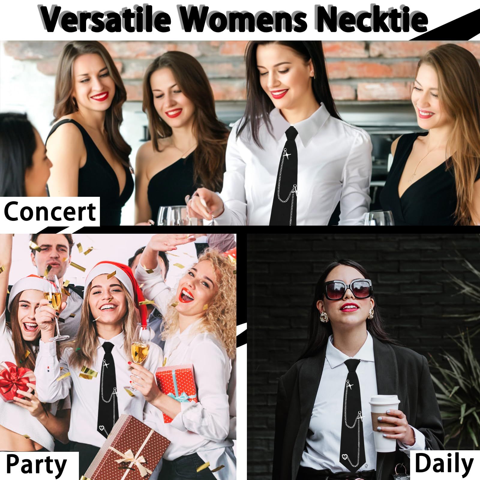 Black Tie for Women Girls Pre-Tied Womens Tie with Metal Chain Accessories Adjustable Necktie for School Shirt โ image 4