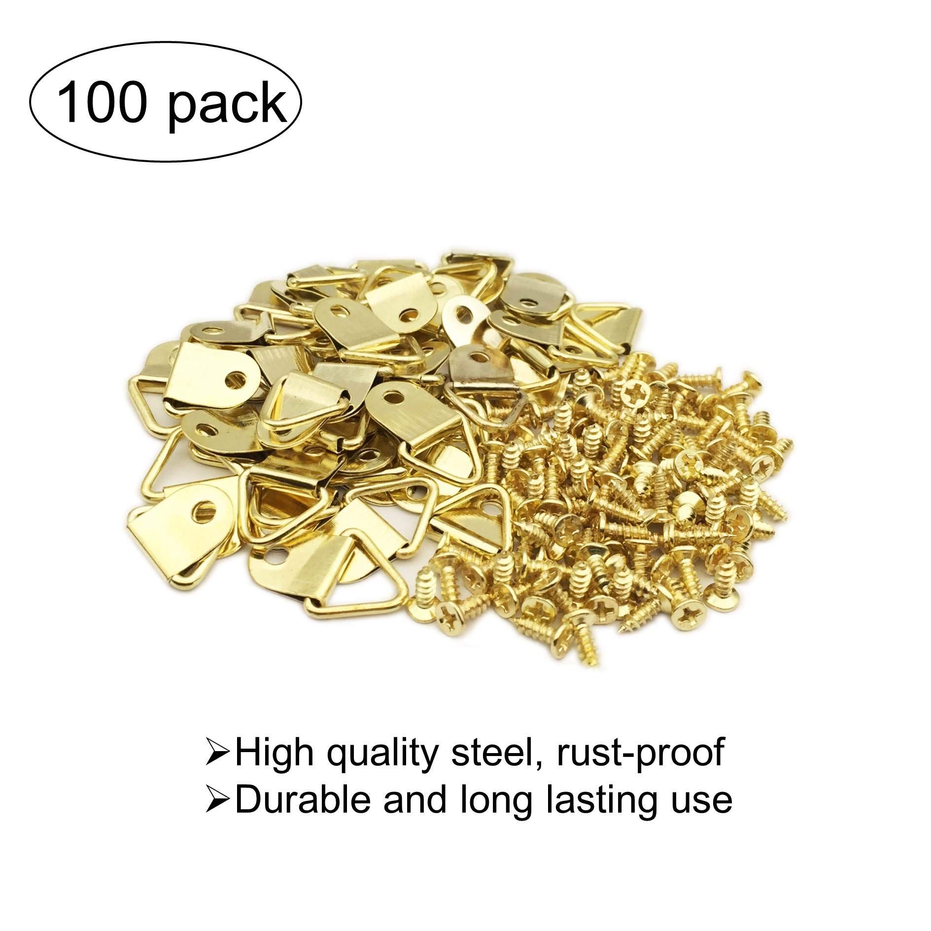 100 Pack Small Triangle Ring Steel Picture Hangers with Screws Picture Frames Picture Hang Solutions for Hanging Clock (Gold) — image 2