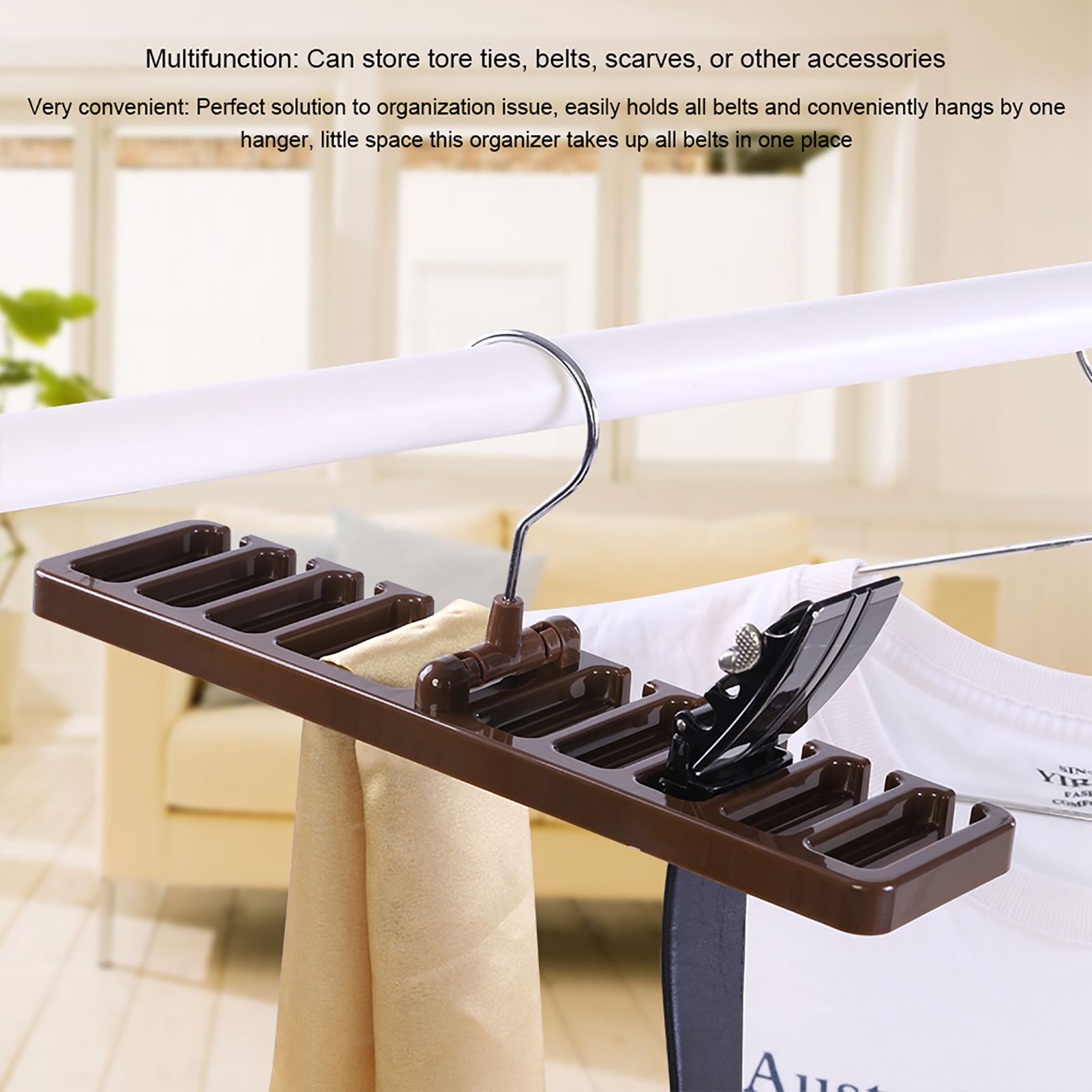 10 Slot Tie Belt Scarf Rack Organizer Sturdy Plastic Closet Wardrobe Space Saver Brown — image 3