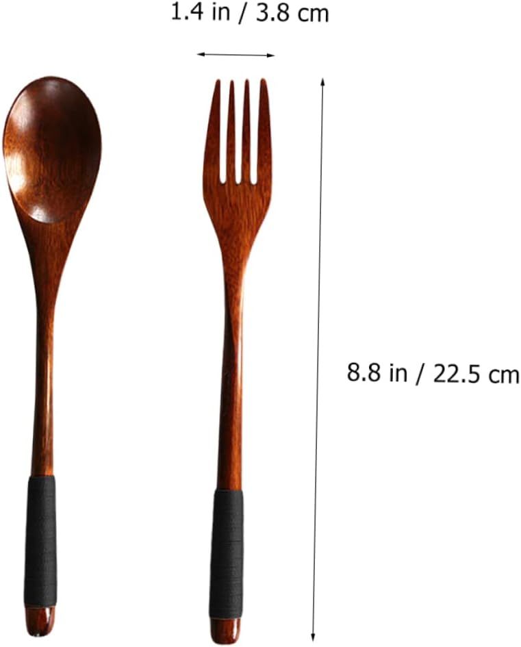 Japanese Wooden Handle Fork and Spoon Antique Flatware Chinese Flatware Kit Practical Tableware Tied Line Spoon Wood Soup — image 2