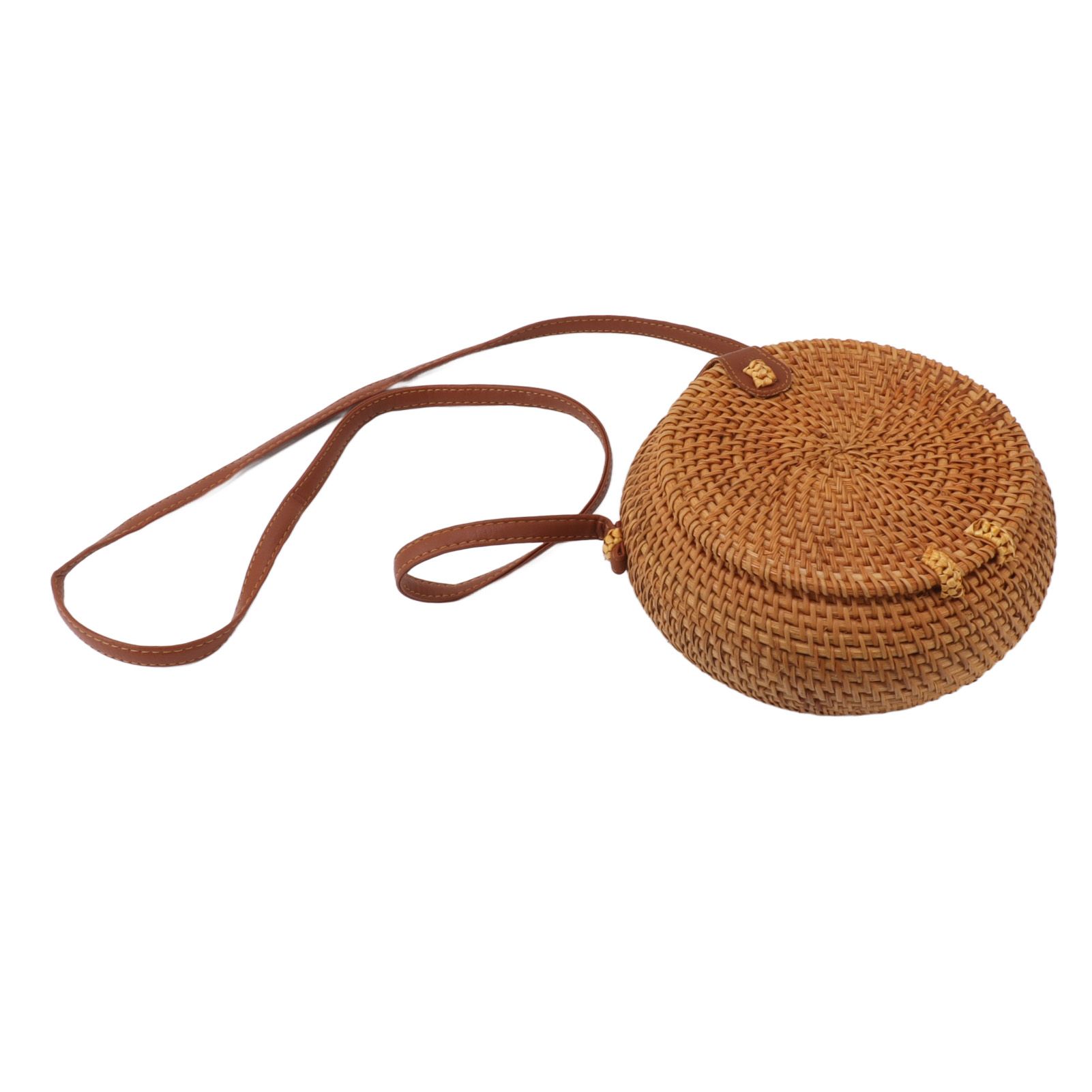 Handwoven Round Rattan Bag Tropical Beach Style Woven Shoulder Rattan Bag with Leather Strap 20cm Diameter Natural Color Oval with Lining — image 3