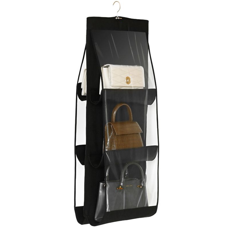 Black 6-compartment Hanging Handbag Organizer - Double-Sided Non-Woven PVC Storage Bag with Transparent Pockets - Space-Saving Wardrobe Closet Hanger for