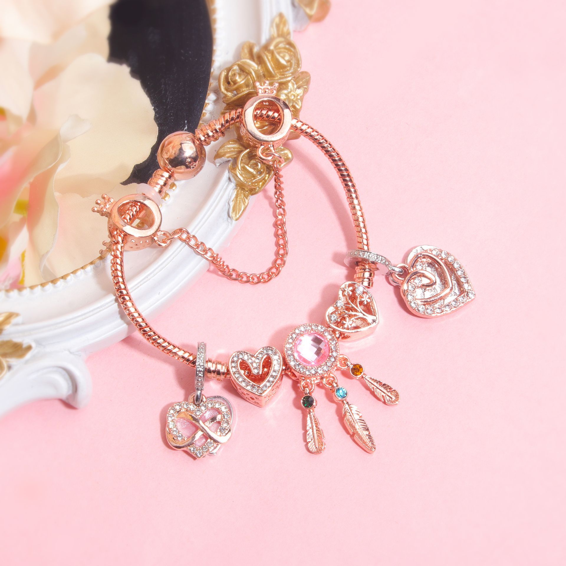 Rose Gold Bracelet with Pink Heart Charms & Crystal Rhinestones(19cm) โ image 6