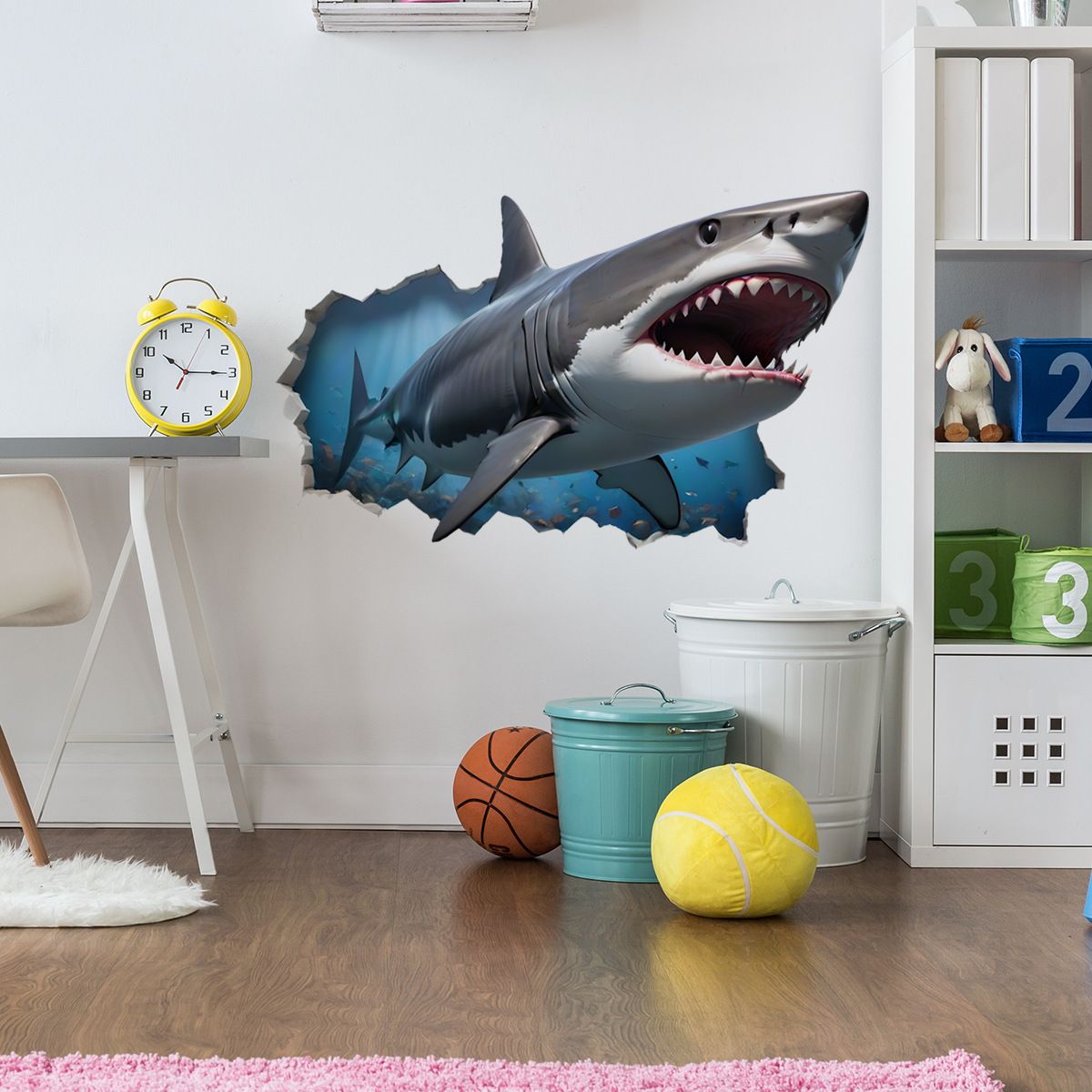 Broken Wall Fierce Shark Wall Stickers, Cartoon Sea Animal Wall Decals Removable Vinyl Peel and Stick for Kids Boy Living Room — image 3