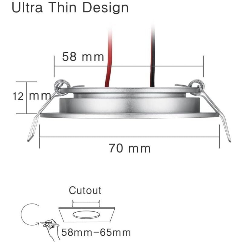 4 × 12V LED Recessed Spotlight Hole 58-65mm 3W 3200K Recessed Ceiling Light for Motorhome Boat Caravan Van Yacht Warm White (Silver Finish) — image 2