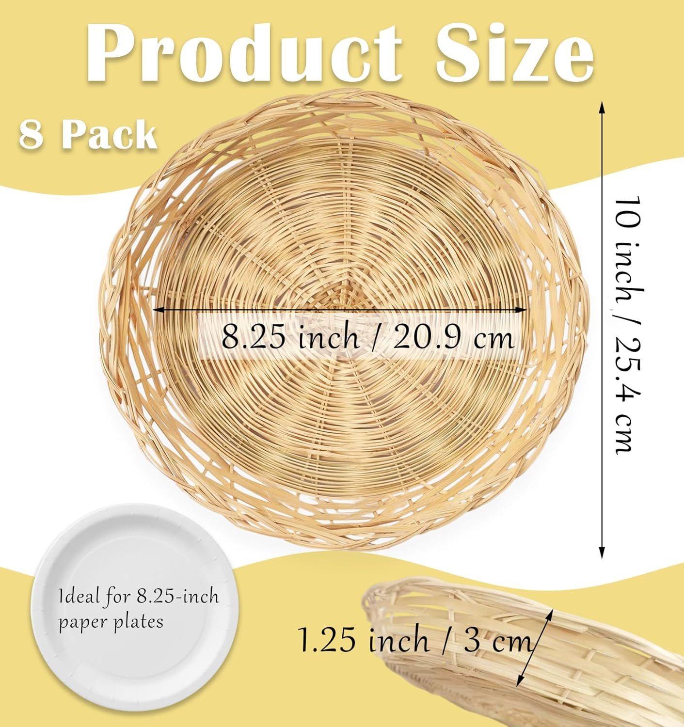 8 Pack Bamboo Paper Plate Holders, 10 Inches Reusable Wicker Charger Plates for Dinner Plates Natural Hand Woven Wicker Paper Plate Baskets for Home Party — image 3