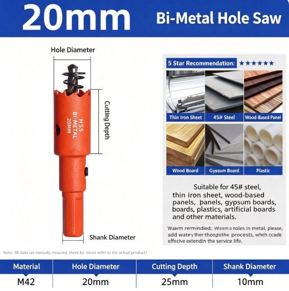 20mm Bi-Metal M42 High Speed Steel Hole Saw | with Pilot Drill Bit, Smooth Cutting Edge for PVC, Drywall, Wood, Plastic, Gypsum Board, Rubber, Thin