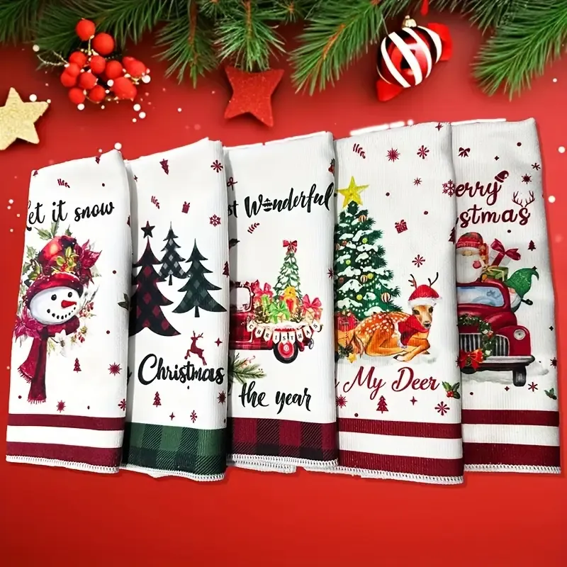 5PCS Microfiber Christmas Towels – Adorable Patterns, Soft & Absorbent, Brighten Up Your Cozy Holiday Moments