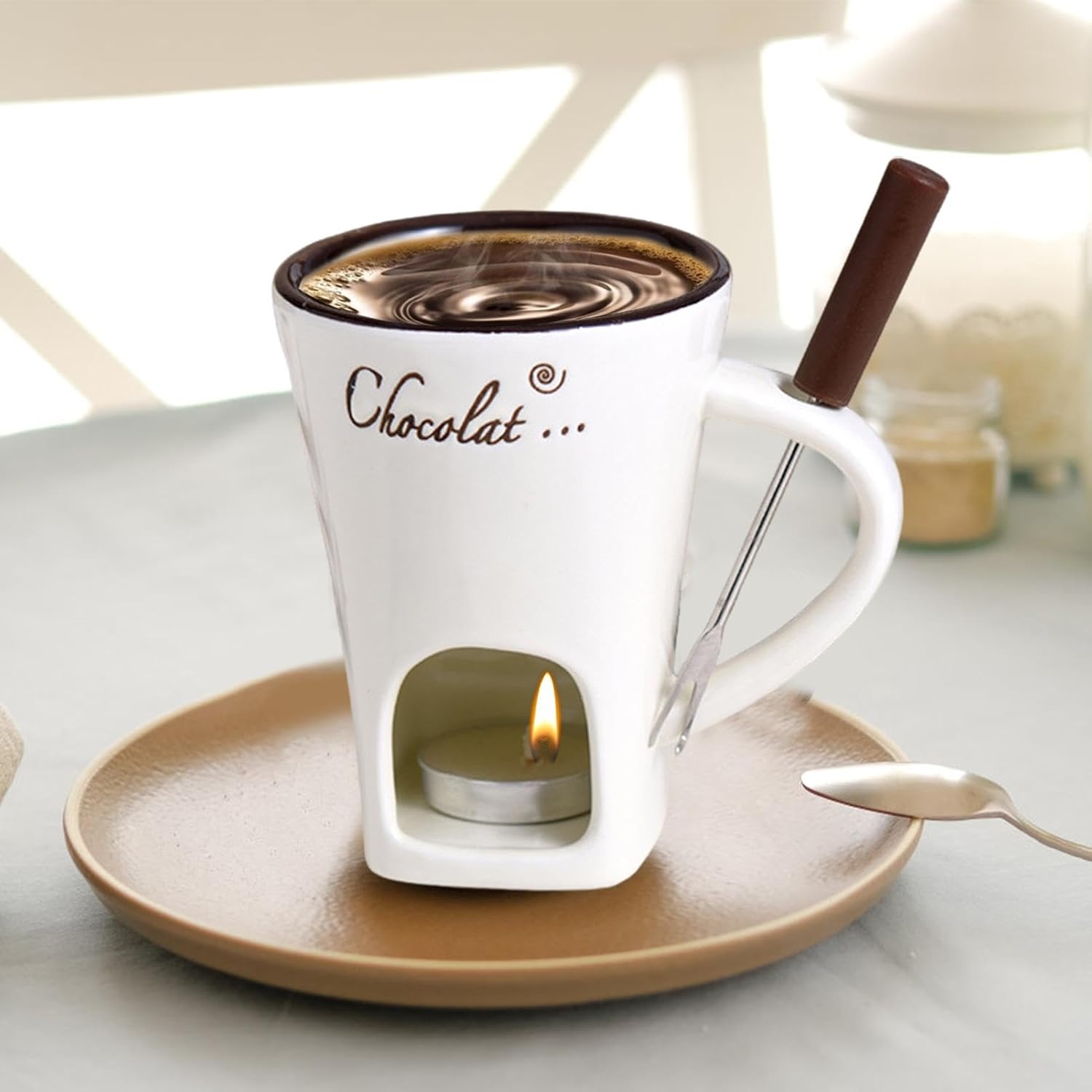 Tealight Fondue Set, Ceramic Melting Pot for Chocolate and Dessert Beige โ image 5