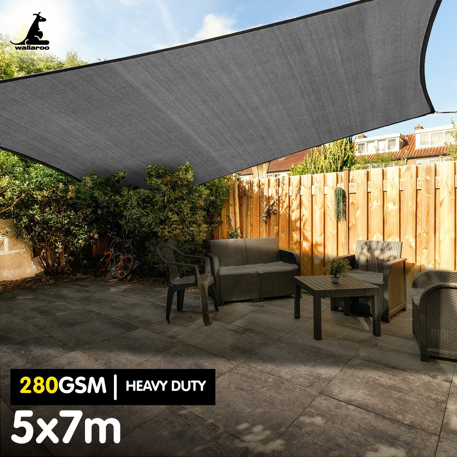 Wallaroo 280gsm Outdoor Sun Shade Sail Canopy Grey - 5m X 7m — image 2