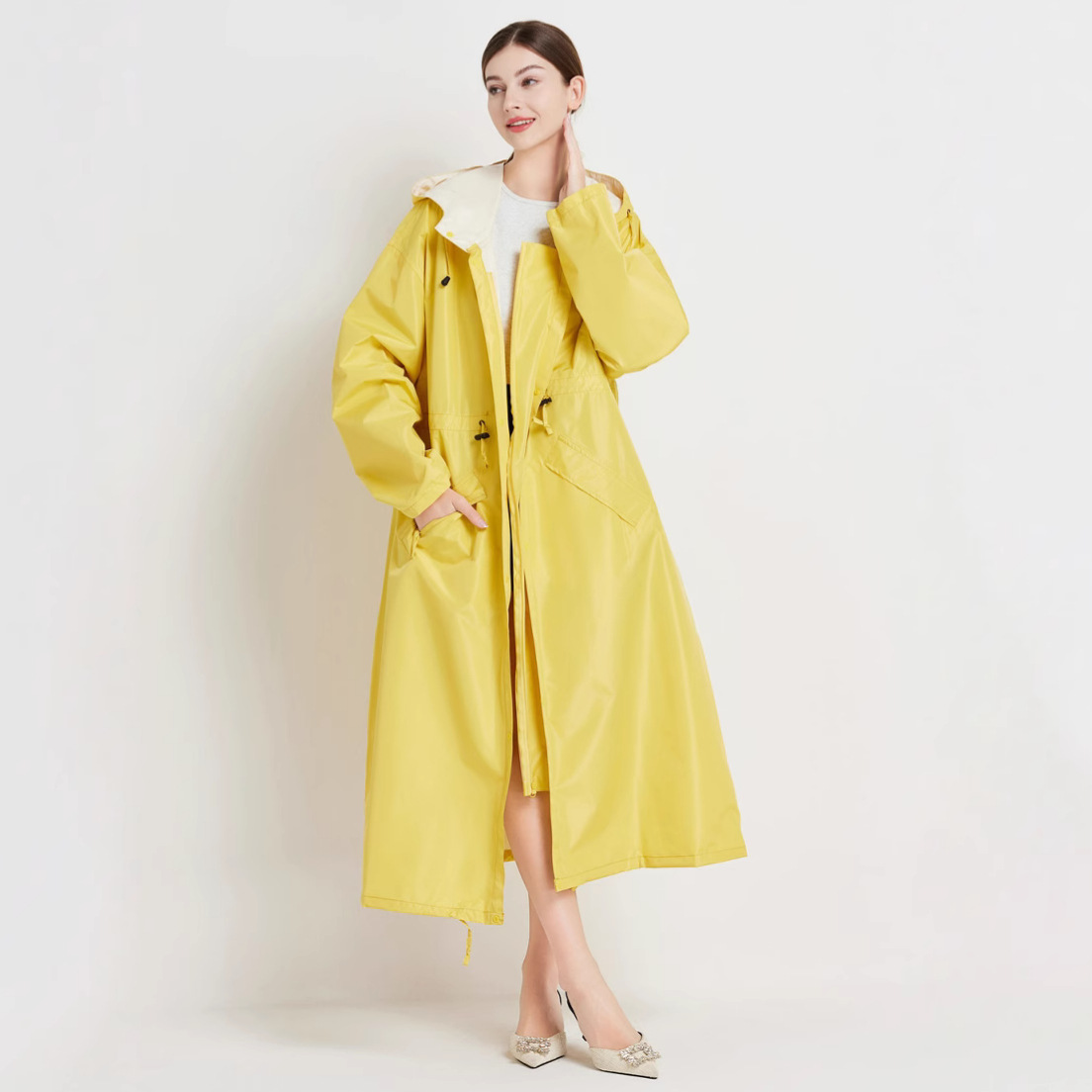 Size L Yellow Women's Chic Lightweight Waterproof Raincoat - Long Hooded Packable Rain Jacket with Pouch โ image 5