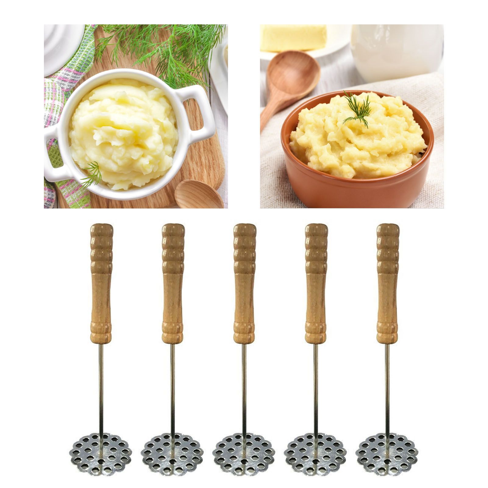 5pcs Potato Masher Portable Stainless Steel Wooden Handle Manual Spud Smasher Kitchen Tool โ image 5