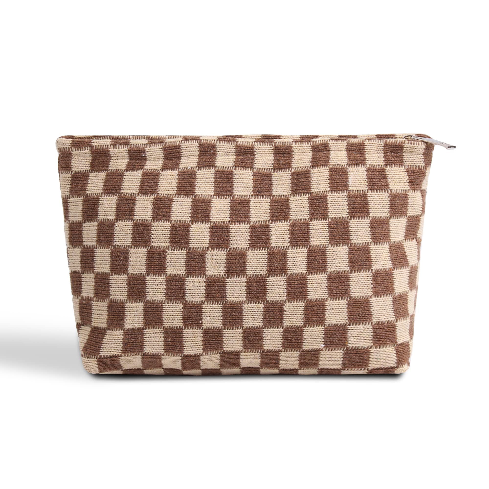 Cosmetic Bag Cute Makeup Bag Accessories Aesthetic Make Up Bag Y2k Purse Checkered Makeup Bag Cosmetic Bag for Women (Brown)