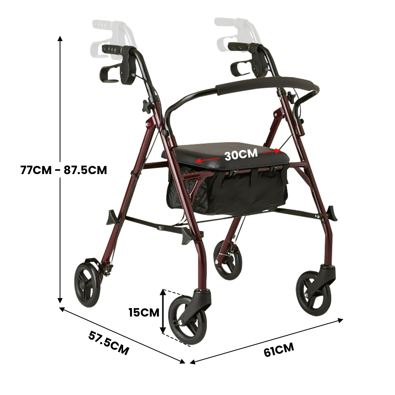 Orthonica Foldable Steel Frame 4-Wheel Rollator Walker, Height Adjustable Handles & Brakes, Seniors Mobility Aid — image 2
