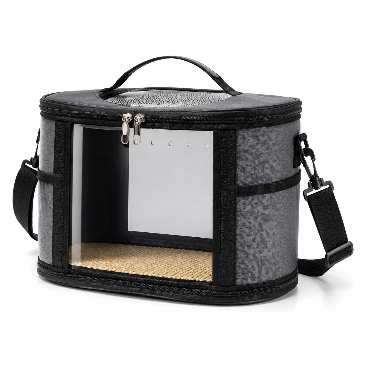 Small Animal Travel Carrier Bag - Grey Small Nylon and Plastic Portable Pet Carrier with Shoulder Strap and Carry Handle for Parrots, Hamsters, Guinea Pigs and — image 2