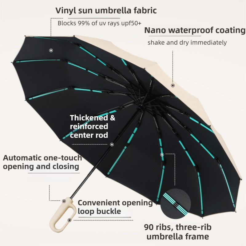 Black Heavy Duty Fully Automatic Carabiner Umbrella with Integrated Hook Handle (Diameter 116CM) - Ultra Windproof and UV Protective Sun & Rain Umbrella — image 3