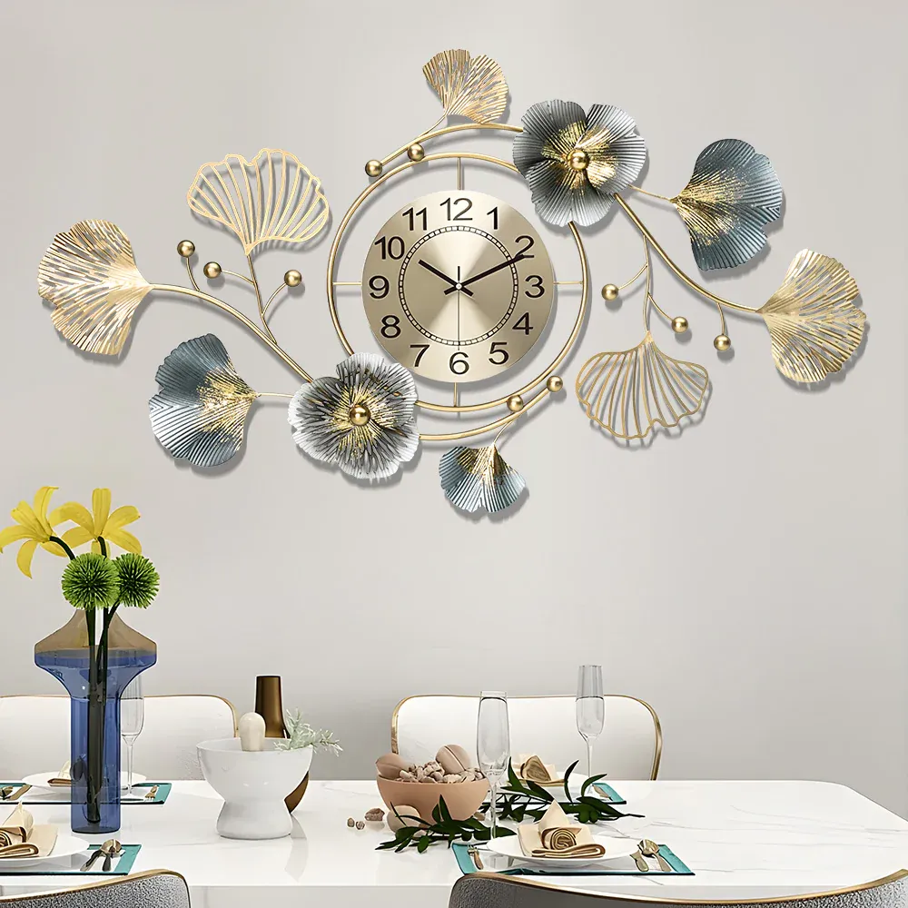 Large Wall Clock 22cm Metal Silent Non Ticking Decoration Hanging Clock Battery Operated with 3D Ginkgo Leaf Design for Living Room Bedroom Home Office โ image 2